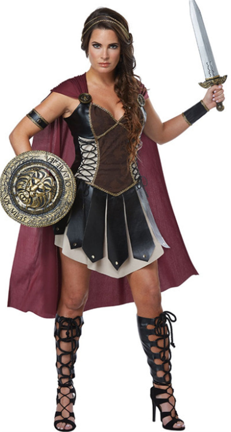 Women’s Gladiator Halloween Costume – Warrior Outfit with Cape, Sword & Shield