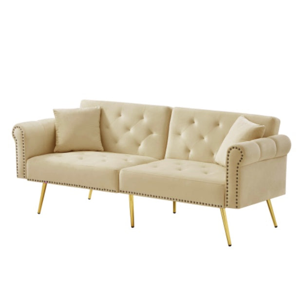 Modern 2 Seater Sofa Bed – Velvet Upholstery with Adjustable Backrest and Gold Legs