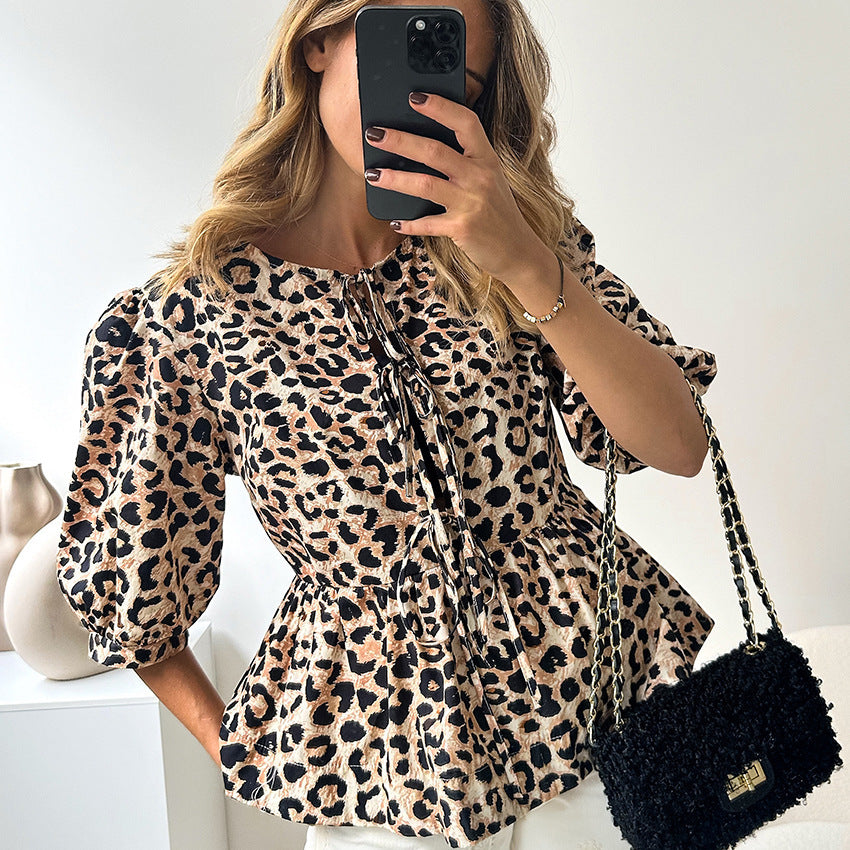 Leopard Print Bubble Sleeve Blouse - Stylish lace- up Shirt for Women