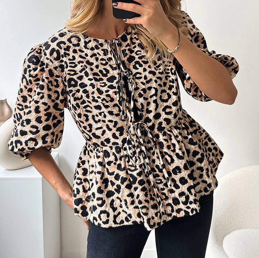 Leopard Print Bubble Sleeve Blouse - Stylish lace- up Shirt for Women