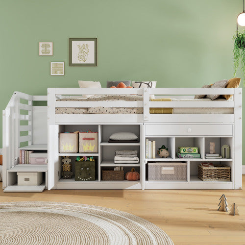 Multifunctional Wooden Children’s Bed – White Bunk Bed with Stairs, Storage and Desk