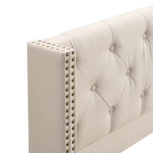 Beige Upholstered Double Bed – Button Tufted Headboard with Wooden Legs