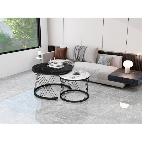 Set of 2 Round Marble Coffee Tables – Modern Black Metal Frame Nesting Tables