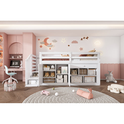 Multifunctional Wooden Children’s Bed – White Bunk Bed with Stairs, Storage and Desk