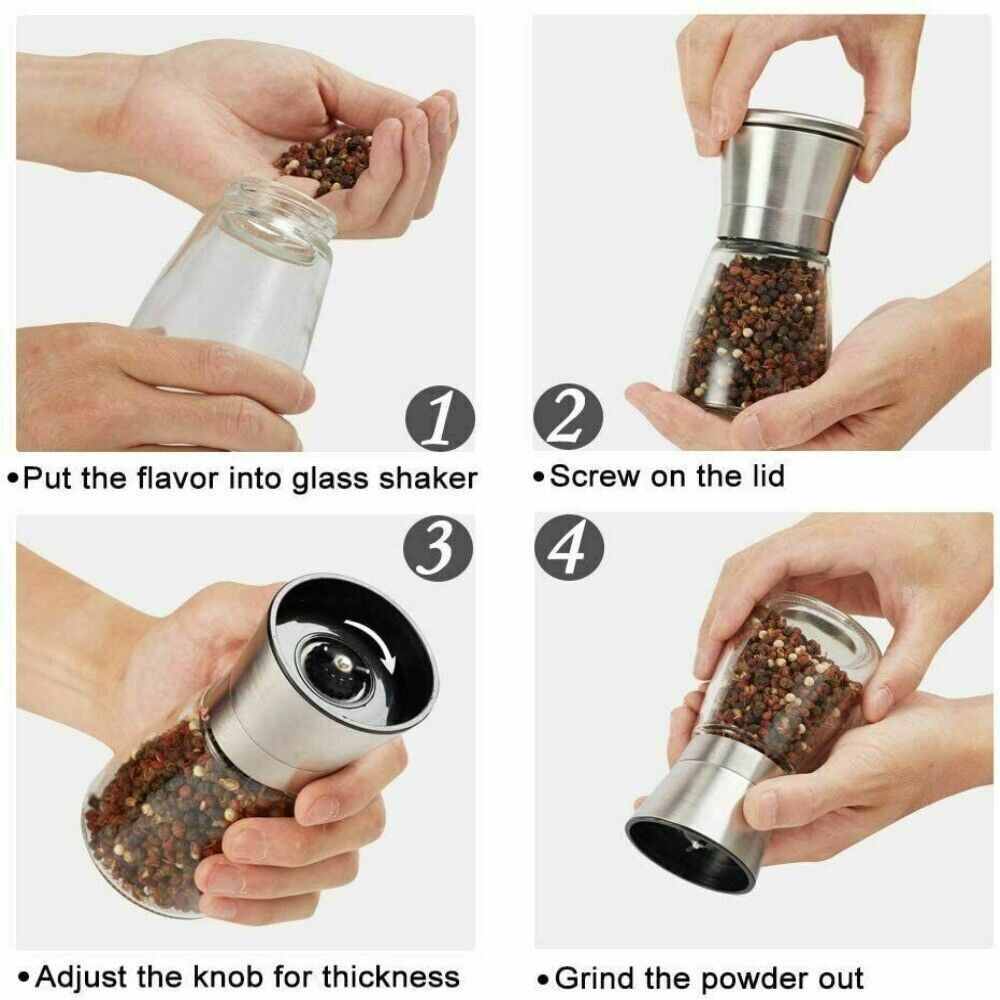 2x Pepper And Salt Grinder Set Mill Adjustable Stainless Steel Shaker Coarse