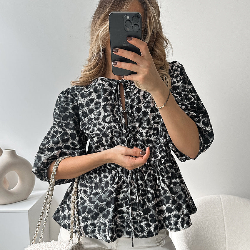 Leopard Print Bubble Sleeve Blouse - Stylish lace- up Shirt for Women