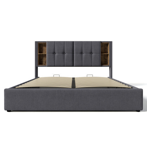 Grey Upholstered Double Bed – Storage Bed Frame with Hydraulic Lift and USB Charging