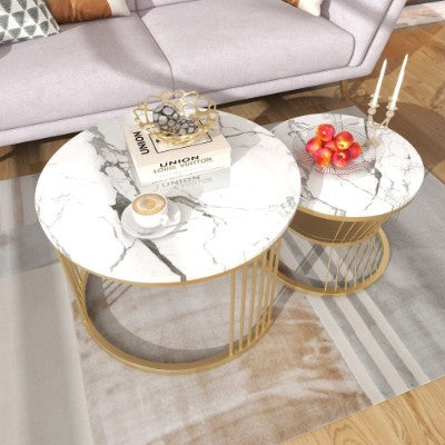 Set of 2 Round Marble Coffee Tables – Modern Nesting Tables with Gold Metal Frame