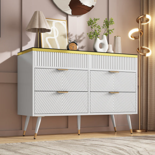 White Sideboard Cabinet – Modern 6 Drawer Dresser with Glass Detail for Living Room