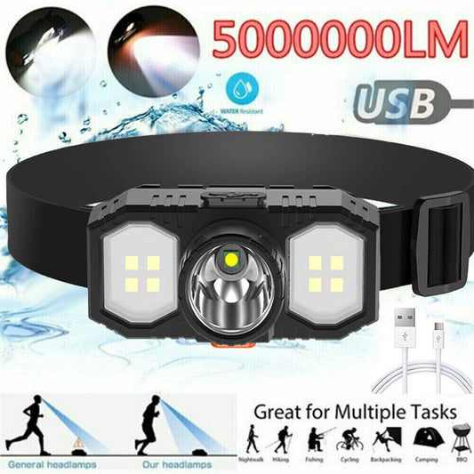 LED Head Torch - USB Rechargeable Waterproof Headlamp for Camping, Hiking & Work (UK Stock)