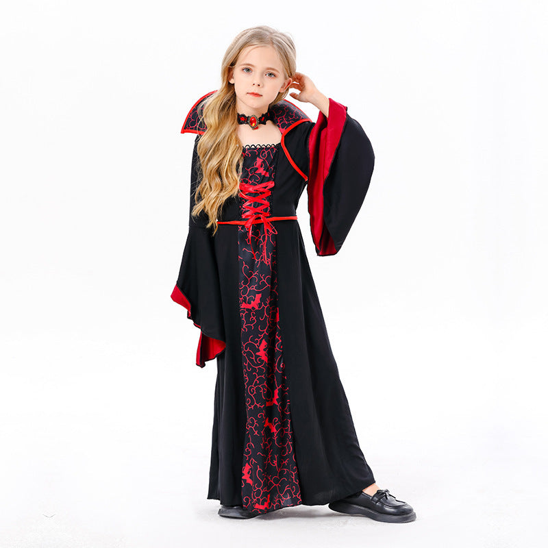 Kids Vampire Witch Halloween Costume – Black & Red Horror Dress for Girls