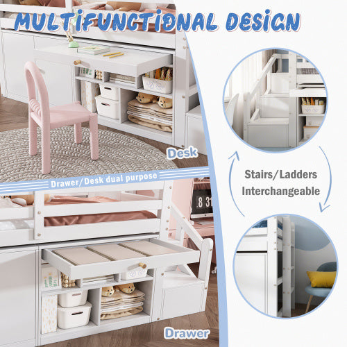 Multifunctional Wooden Children’s Bed – White Bunk Bed with Stairs, Storage and Desk