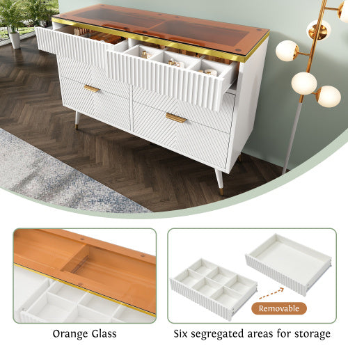White Sideboard Cabinet – Modern 6 Drawer Dresser with Glass Detail for Living Room