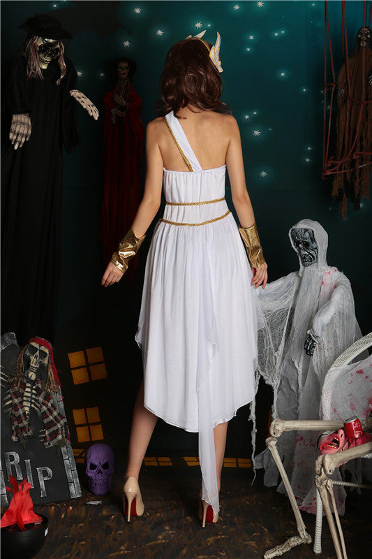 Women’s Greek Goddess Halloween Costume – White Dress with Gold Accessories