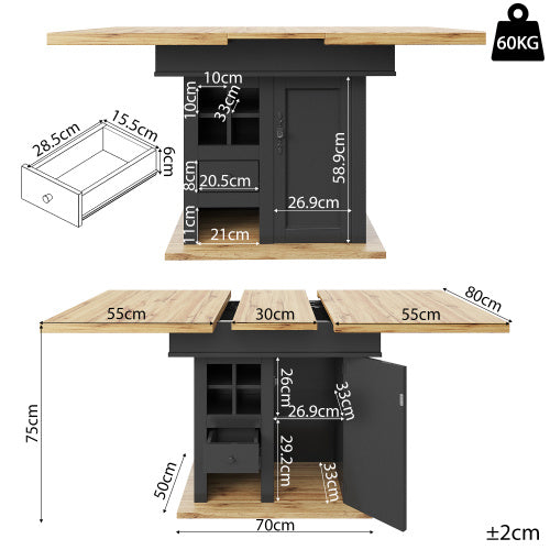 Extendable Telescopic Dining Table – Modern Foldable Kitchen Table with Wine Rack & Drawers