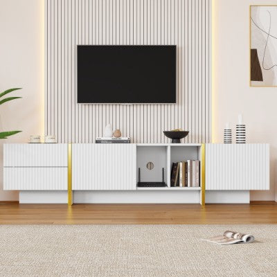 Modern TV Stand for 85 Inch TV – White and Gold Entertainment Center with Storage