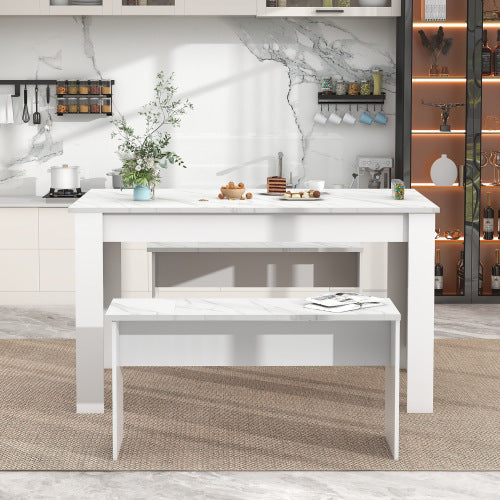 White Dining Table with 2 Benches – Modern Small Space Kitchen Table Set