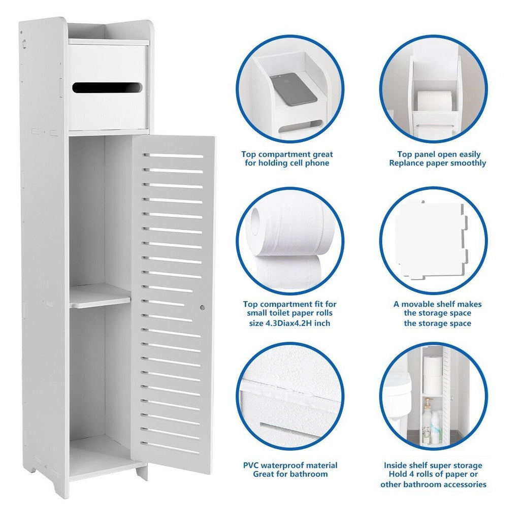Slim White Wooden Bathroom Storage Cabinet - Toilet Paper Roll Holder with Shutter (UK Stock)