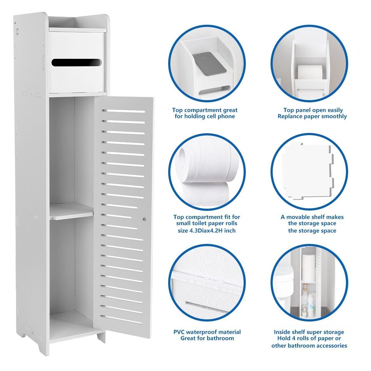 Slim White Wooden Bathroom Storage Cabinet - Toilet Paper Roll Holder with Shutter (UK Stock)