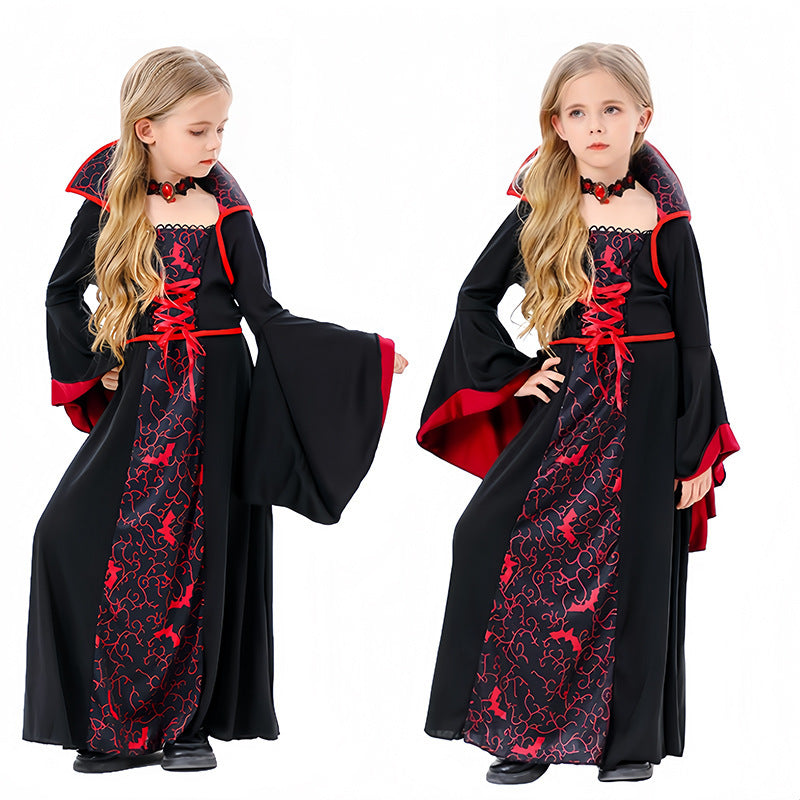 Kids Vampire Witch Halloween Costume – Black & Red Horror Dress for Girls