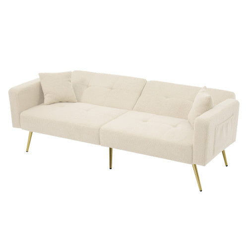 Modern Beige Sofa Bed – Adjustable Backrest Couch with Cushions and Side Pockets