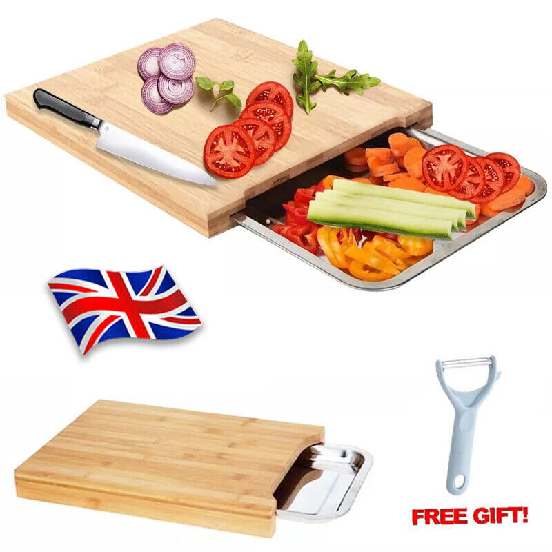Bamboo Wooden Chopping Board with Sliding Stainless Steel Tray