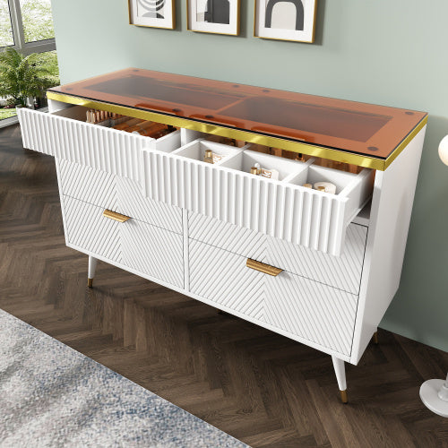 White Sideboard Cabinet – Modern 6 Drawer Dresser with Glass Detail for Living Room