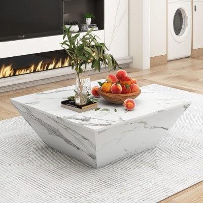 Modern White Marble Coffee Table – Square PVC Veneer Center Table for Living Room