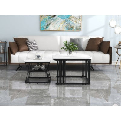 Set of 2 Square Coffee Tables – Modern Nesting Tables with Black Metal Frame
