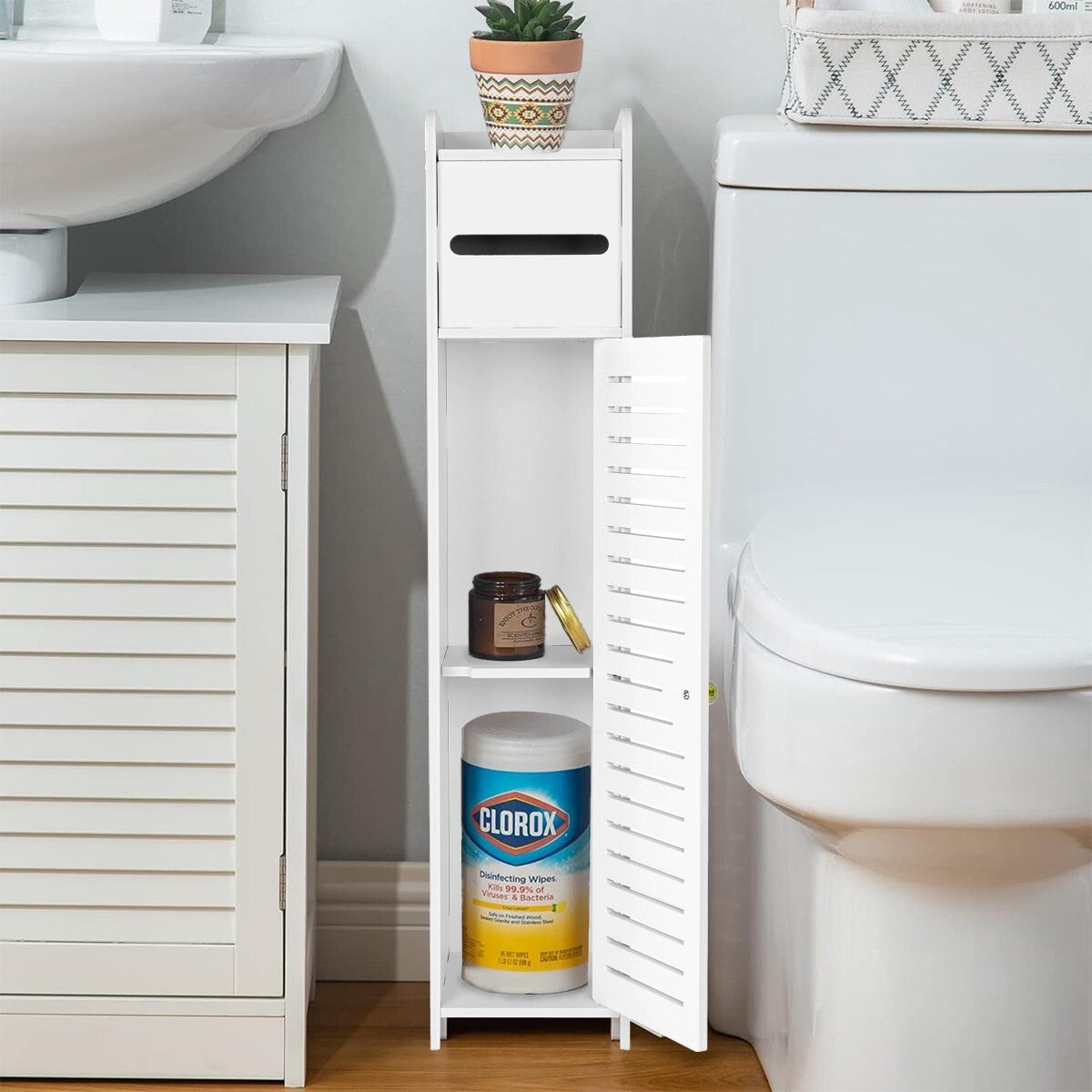 Slim White Wooden Bathroom Storage Cabinet - Toilet Paper Roll Holder with Shutter (UK Stock)