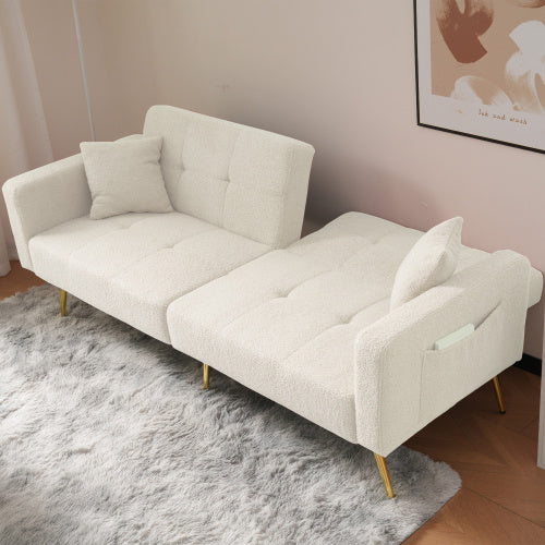 Modern Beige Sofa Bed – Adjustable Backrest Couch with Cushions and Side Pockets
