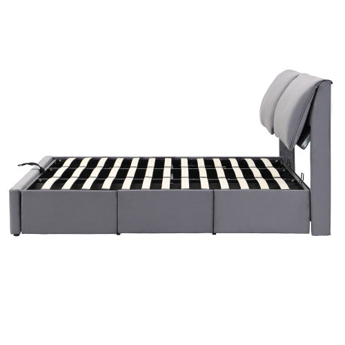 Upholstered King Size Bed with Storage Drawers & Padded Headboard – Grey Velvet Frame