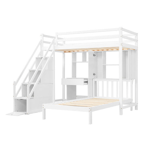 Wooden House Bunk Bed with Desk & Shelves – White Children’s Double Bed Frame