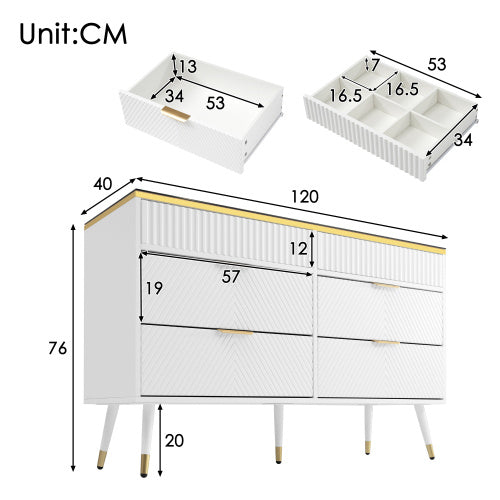 White Sideboard Cabinet – Modern 6 Drawer Dresser with Glass Detail for Living Room