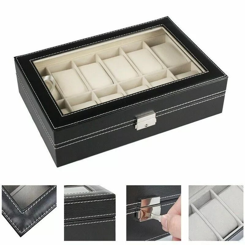Elegant Leather Watch Box with Lockable Lid Organizer