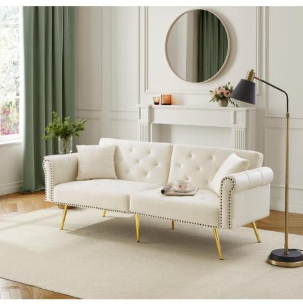 Modern 2 Seater Sofa Bed – Velvet Upholstery with Adjustable Backrest and Gold Legs