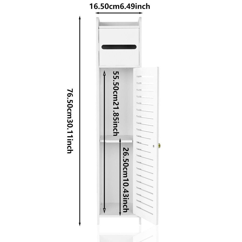 Slim White Wooden Bathroom Storage Cabinet - Toilet Paper Roll Holder with Shutter (UK Stock)