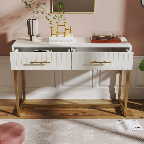 Modern White Dressing Table – Bedroom Chest with 2 Drawers and Gold Legs