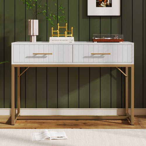 Modern White Dressing Table – Bedroom Chest with 2 Drawers and Gold Legs