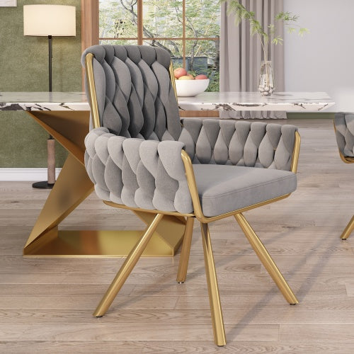 Modern Grey Velvet Armchair – Luxury Swivel Dining Chair with Gold Metal Legs