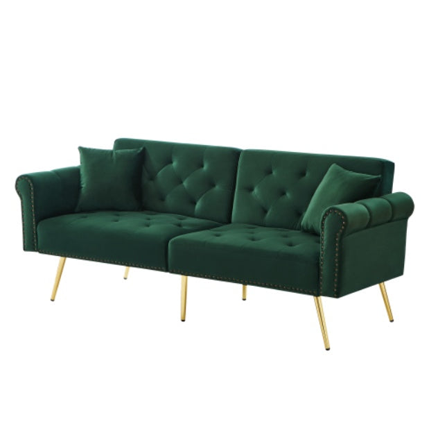 Modern 2 Seater Sofa Bed – Velvet Upholstery with Adjustable Backrest and Gold Legs