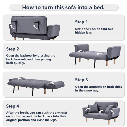 Modern Small Grey Fabric Sofa Bed – 2 Seater Recliner Couch for Living Room