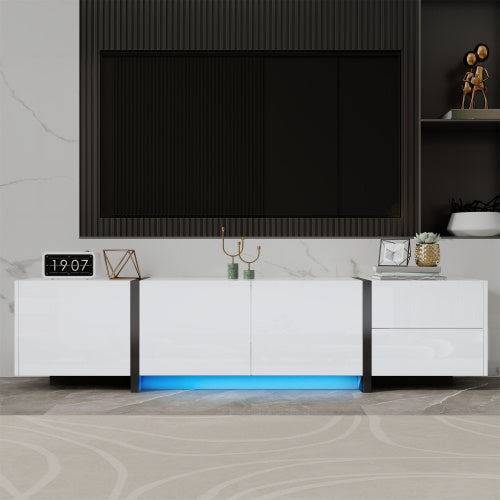 Modern White TV Cabinet – High Gloss Media Unit with Black Legs and Storage Drawers