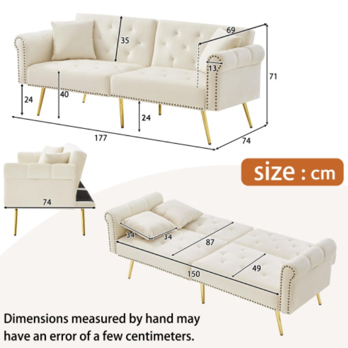 Modern 2 Seater Sofa Bed – Velvet Upholstery with Adjustable Backrest and Gold Legs