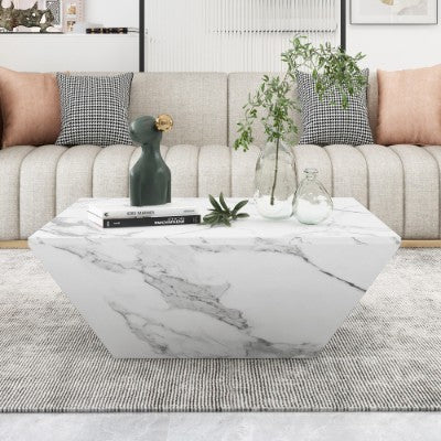 Modern White Marble Coffee Table – Square PVC Veneer Center Table for Living Room